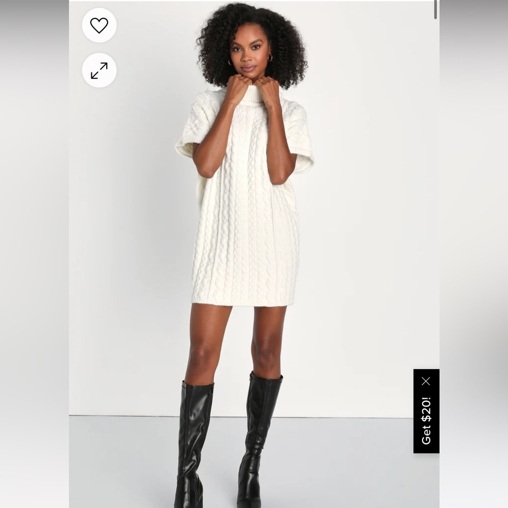 Chalet Chic White Cable Knit Dolman Turtleneck Sweater Dress